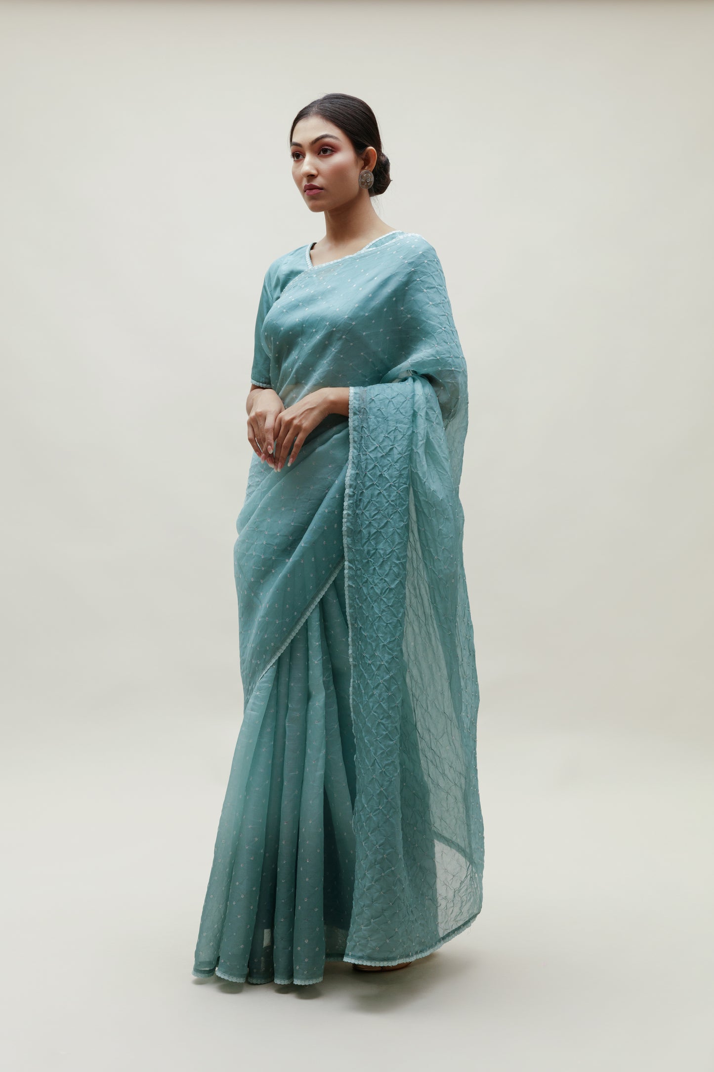 Bandhani on Organza Saree - Ocean Blue