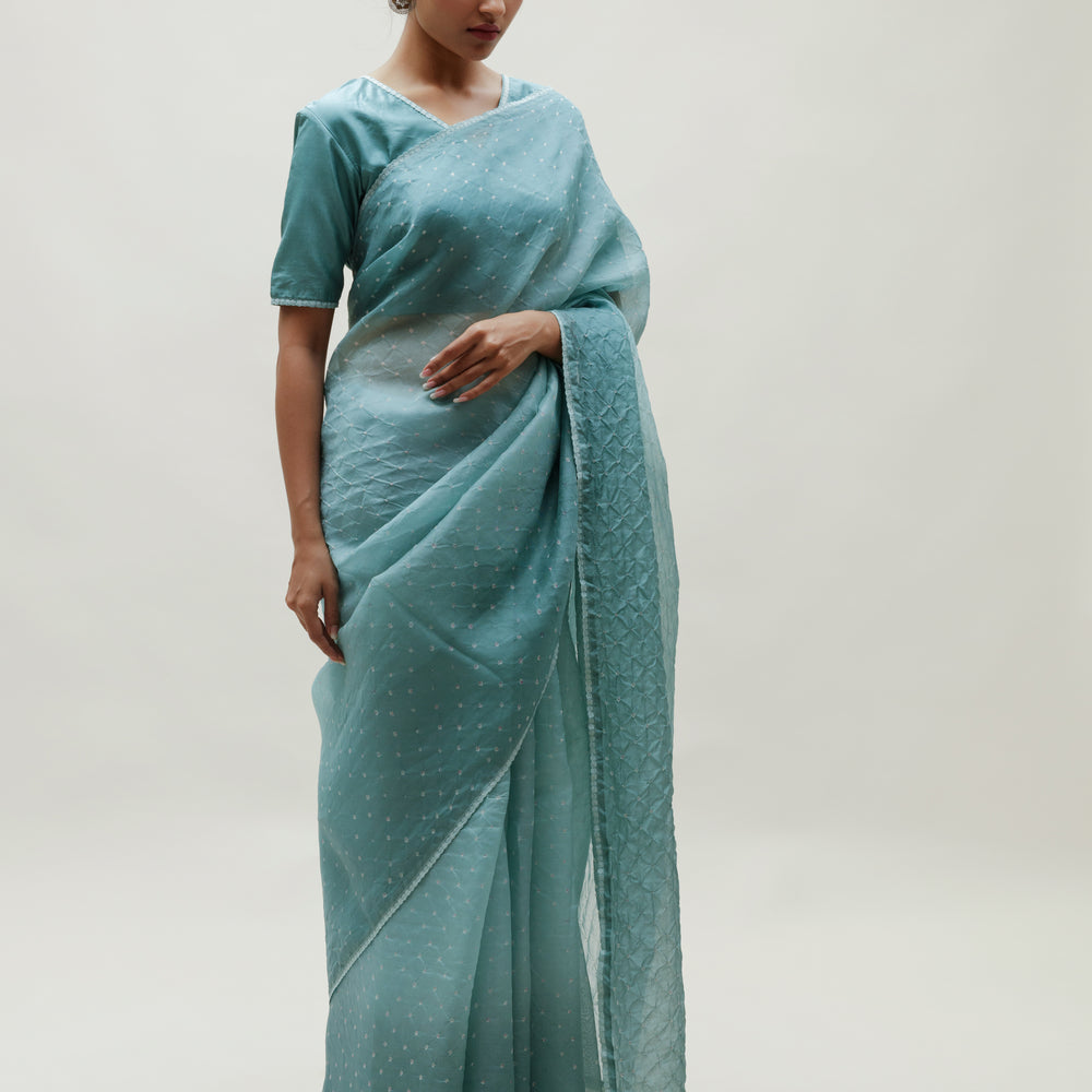 Bandhani on Organza Saree - Ocean Blue