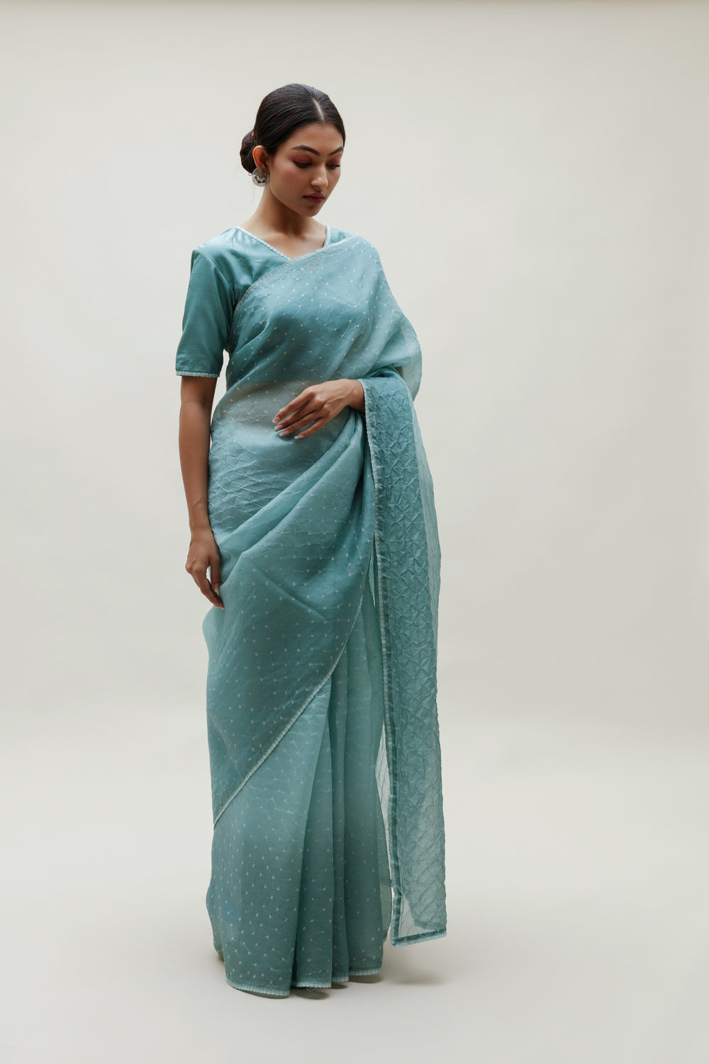 Bandhani on Organza Saree - Ocean Blue