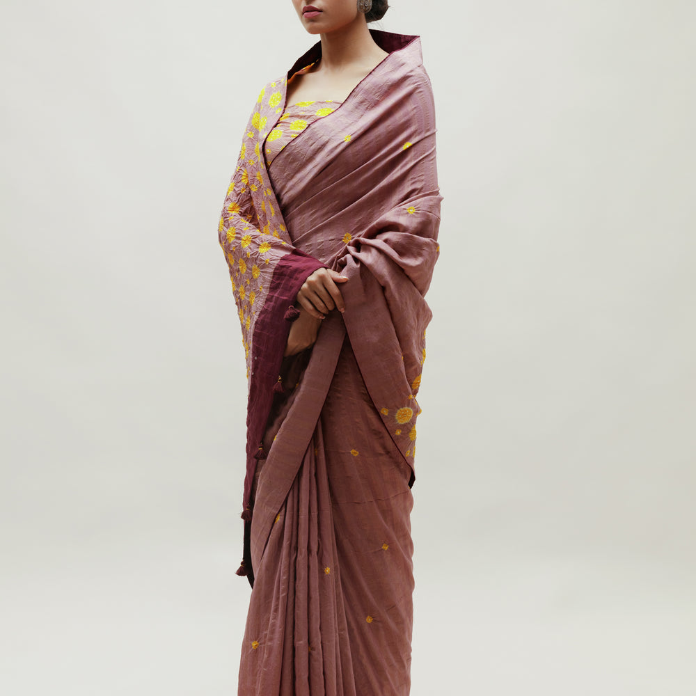 
                      
                        Bandhani Veda Saree - Occur, Yellow and Dull Green
                      
                    