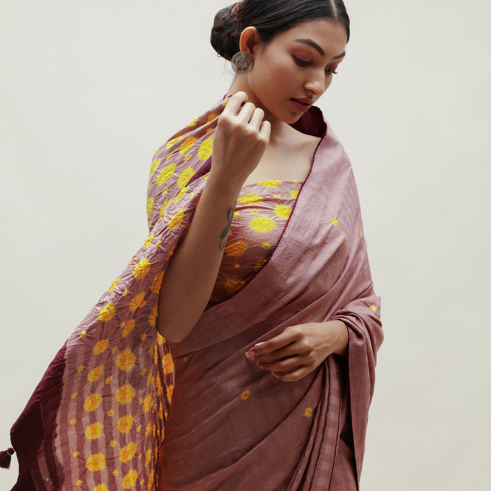 
                      
                        Bandhani Veda Saree - Occur, Yellow and Dull Green
                      
                    