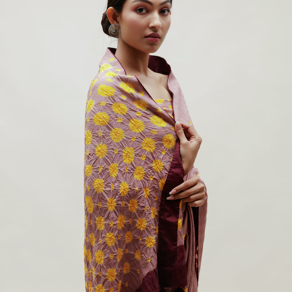 
                      
                        Bandhani Veda Saree - Occur, Yellow and Dull Green
                      
                    