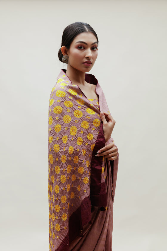 Bandhani Veda Saree - Occur, Yellow and Dull Green