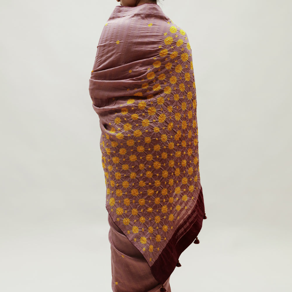 
                      
                        Bandhani Veda Saree - Occur, Yellow and Dull Green
                      
                    