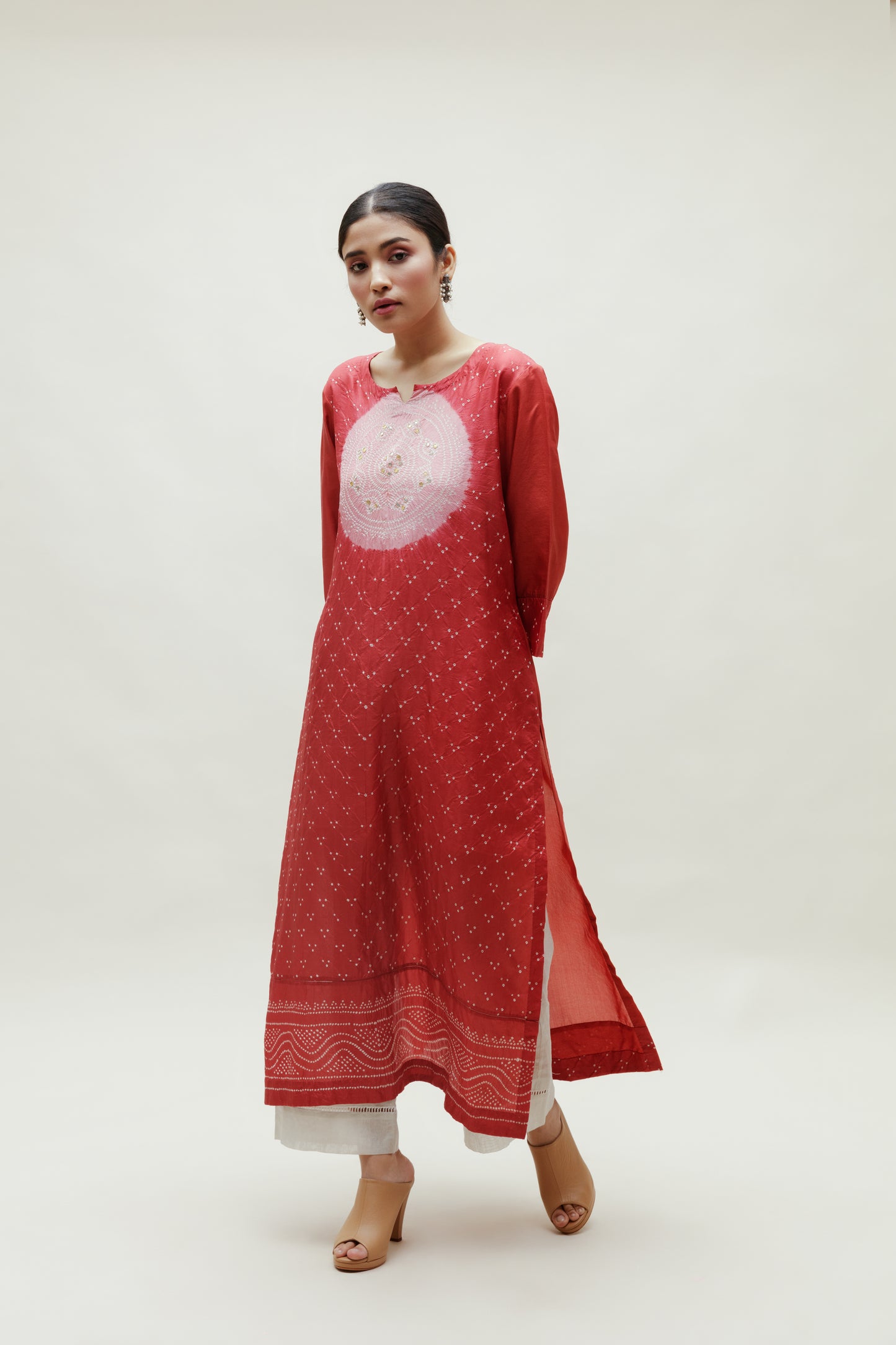 Bandhani Kurta on Pure Silk - Onion Pink