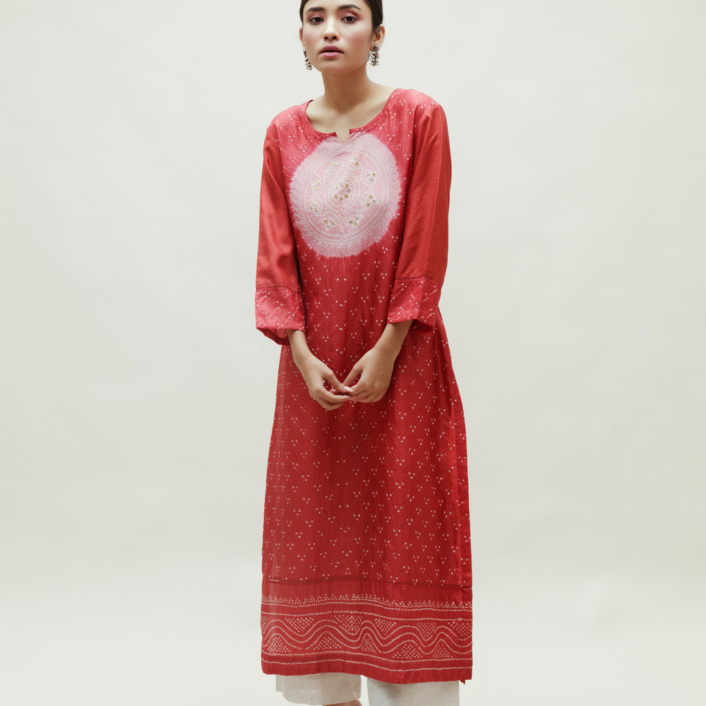 Bandhani Kurta on Pure Silk - Onion Pink