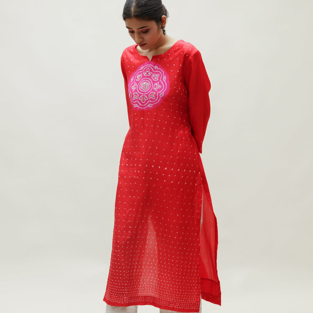 Bandhani Kurta on Pure Silk - Circle Yoke Rani Red