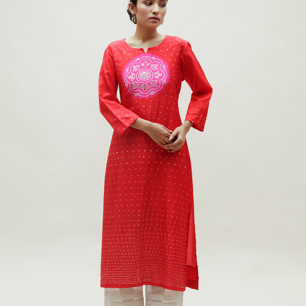 Bandhani Kurta on Pure Silk - Circle Yoke Rani Red