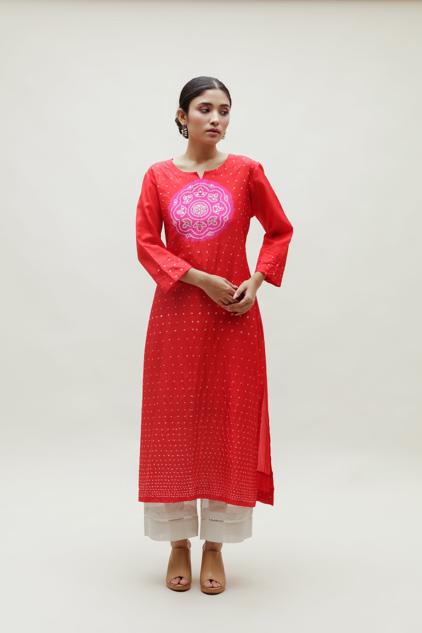 Bandhani Kurta on Pure Silk - Circle Yoke Rani Red