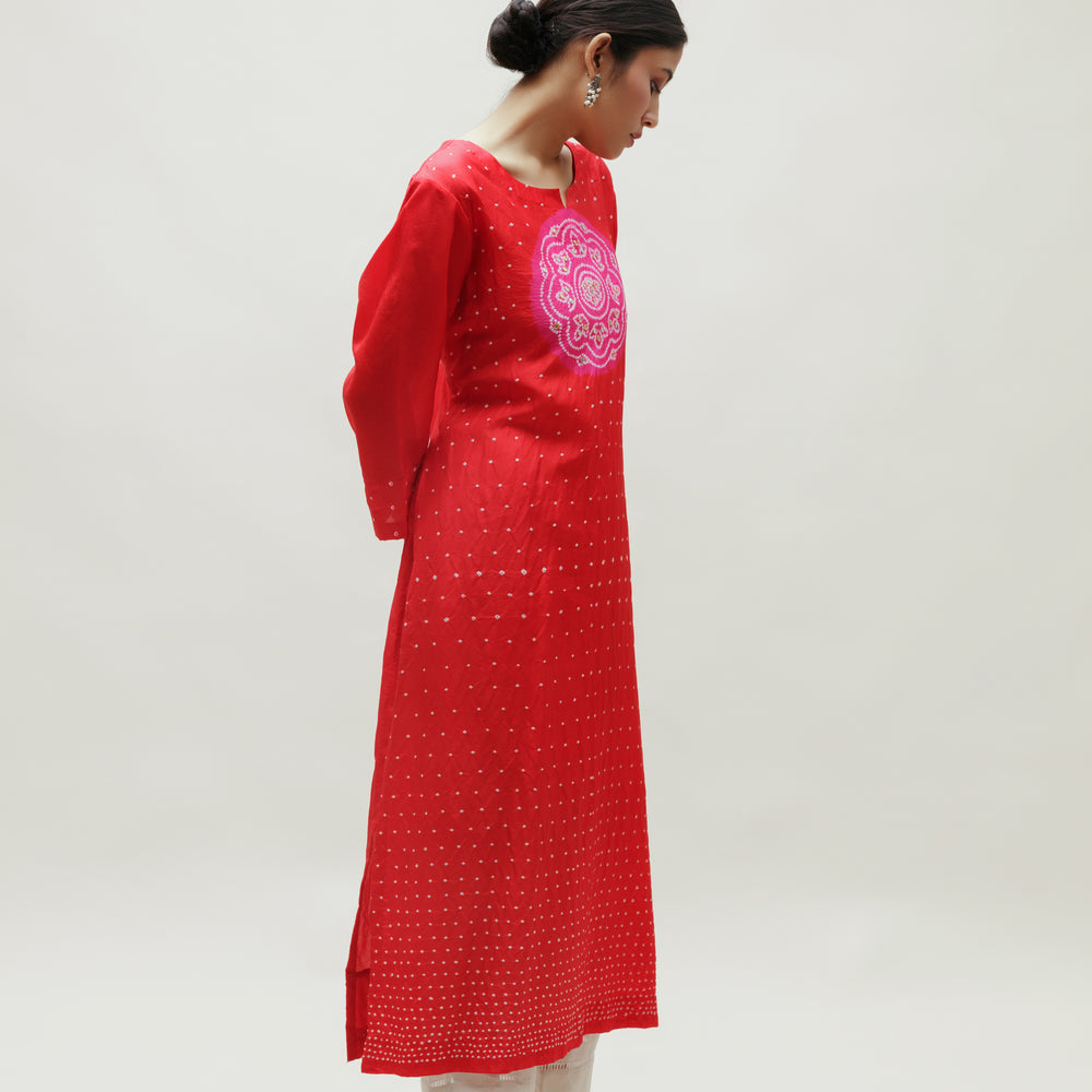 
                      
                        Bandhani Kurta on Pure Silk - Circle Yoke Rani Red
                      
                    