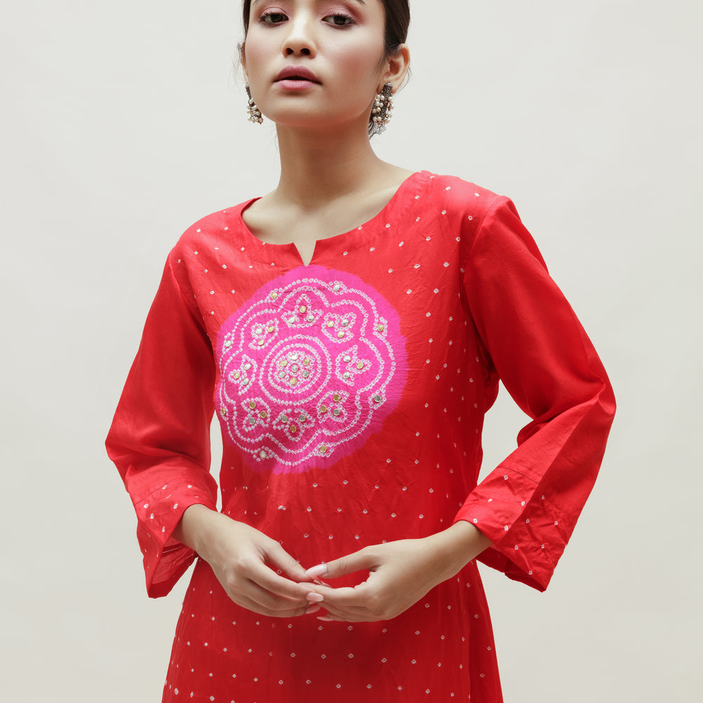 
                      
                        Bandhani Kurta on Pure Silk - Circle Yoke Rani Red
                      
                    