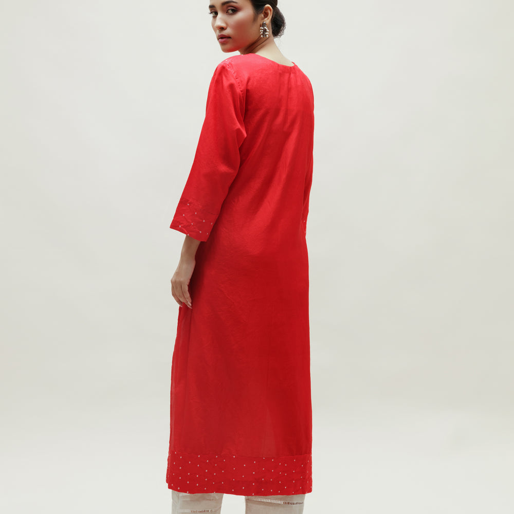 
                      
                        Bandhani Kurta on Pure Silk - Circle Yoke Rani Red
                      
                    