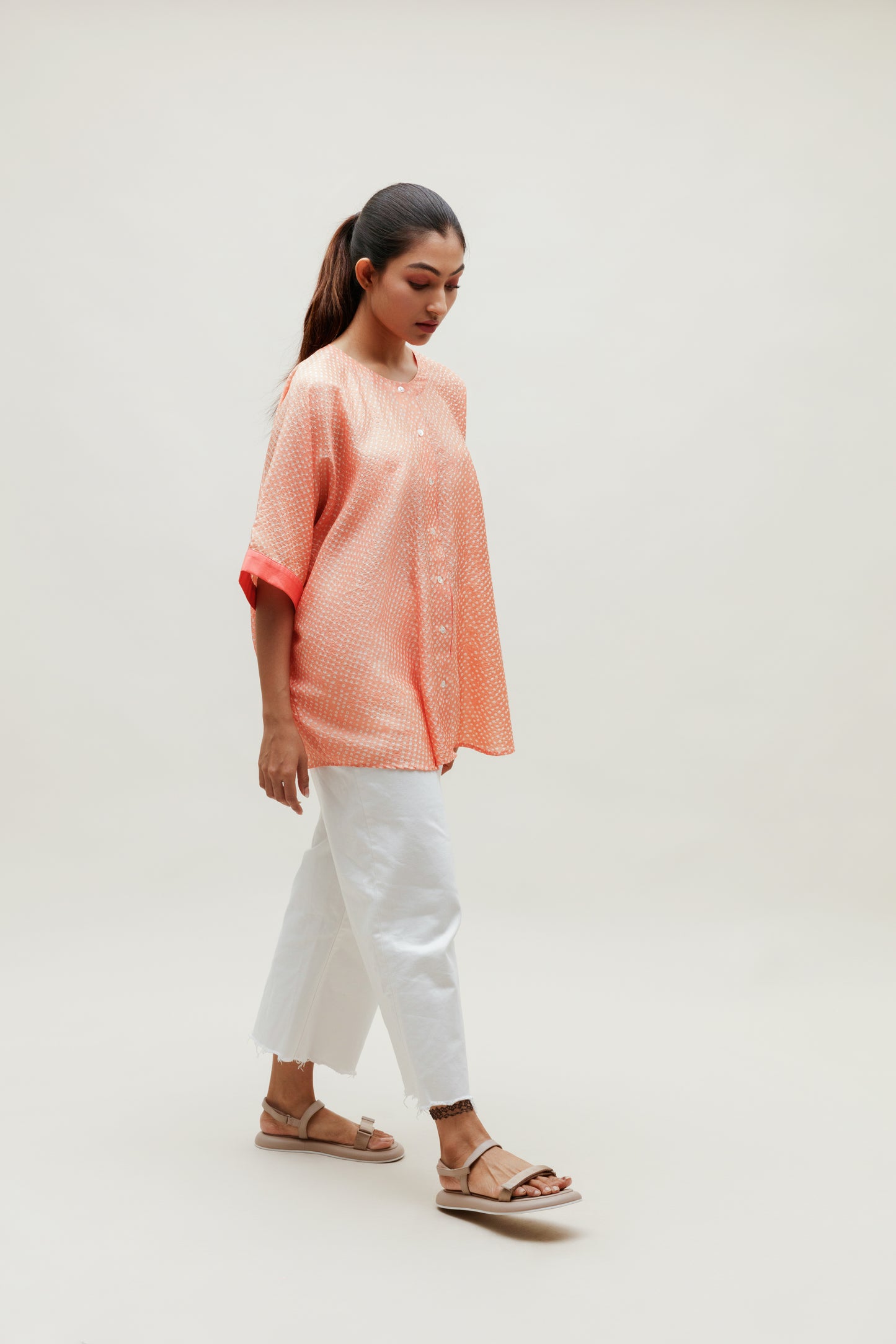 Peach Bandhani on Silk Shirt