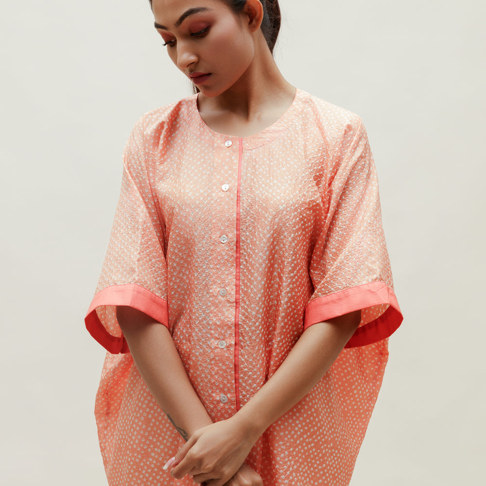 
                      
                        Peach Bandhani on Silk Shirt
                      
                    