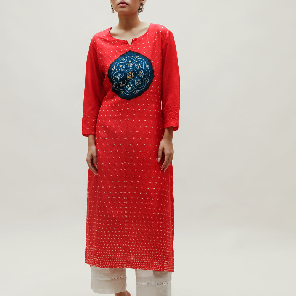 
                      
                        Bandhani Kurta on Pure Silk - Circle Yoke Blue Red
                      
                    