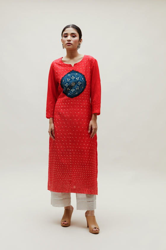 Bandhani Kurta on Pure Silk - Circle Yoke Blue Red