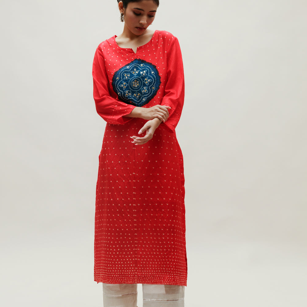 Bandhani Kurta on Pure Silk - Circle Yoke Blue Red