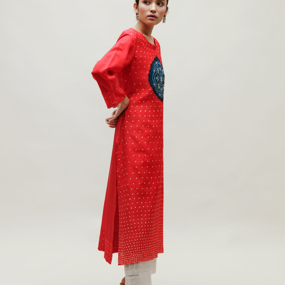 
                      
                        Bandhani Kurta on Pure Silk - Circle Yoke Blue Red
                      
                    