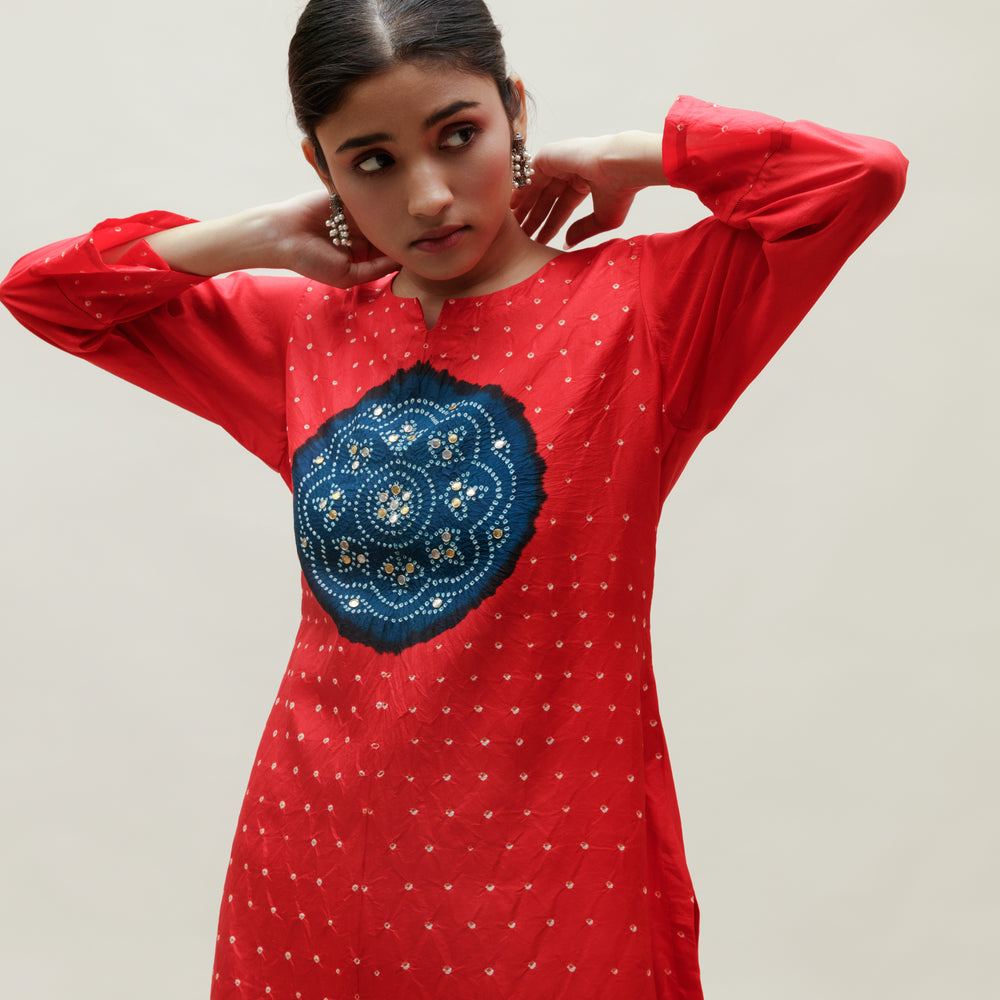 
                      
                        Bandhani Kurta on Pure Silk - Circle Yoke Blue Red
                      
                    