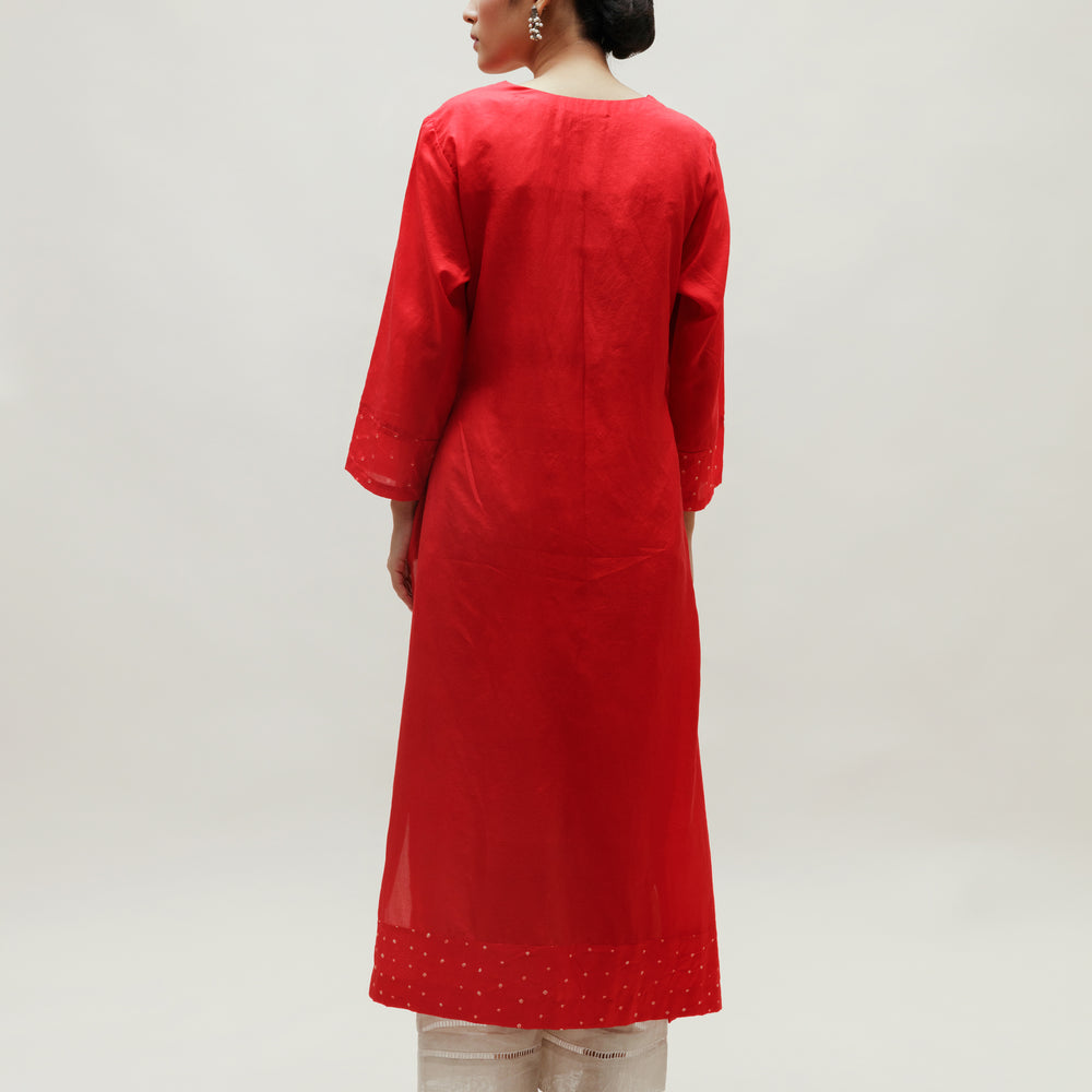 
                      
                        Bandhani Kurta on Pure Silk - Circle Yoke Blue Red
                      
                    