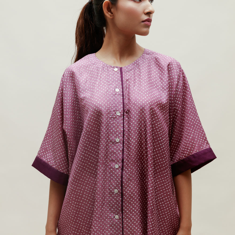 
                      
                        Mauve Bandhani on Silk Shirt
                      
                    