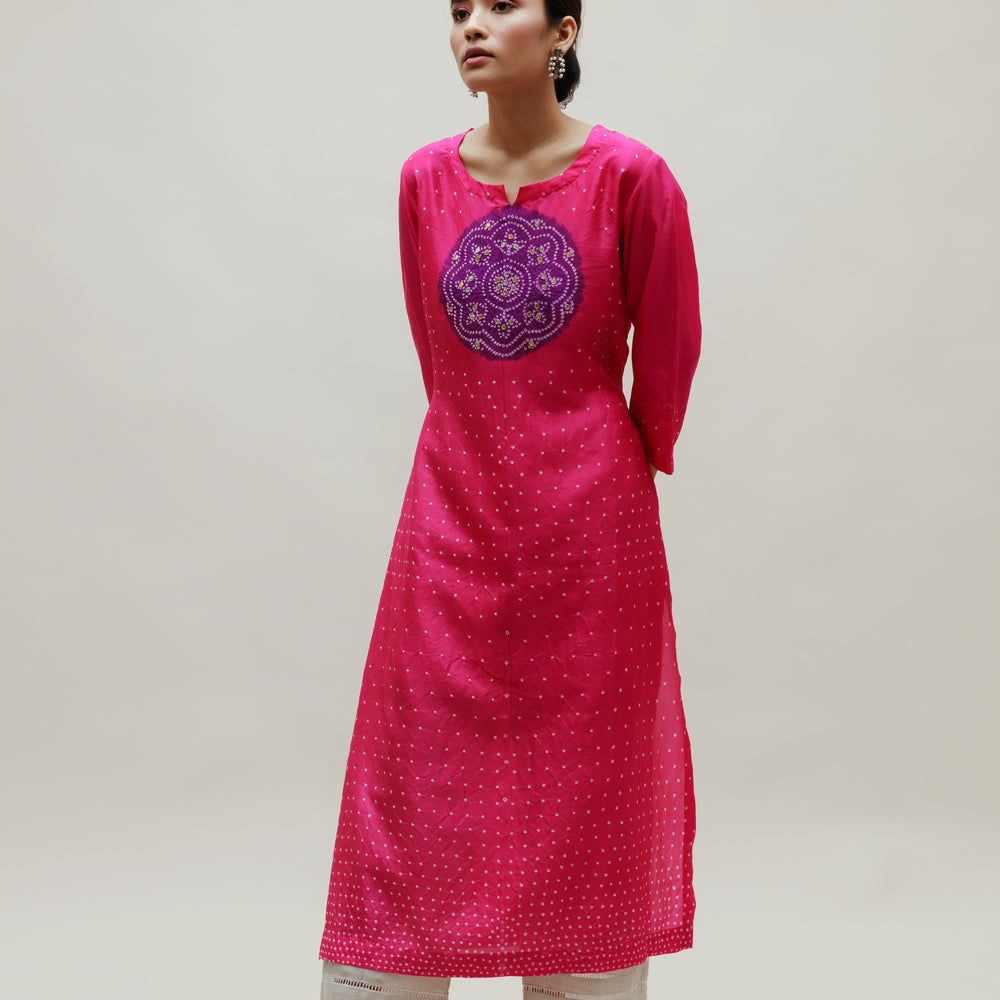 
                      
                        Bandhani Kurta on Pure Silk - Circle Yoke Purple Rani
                      
                    