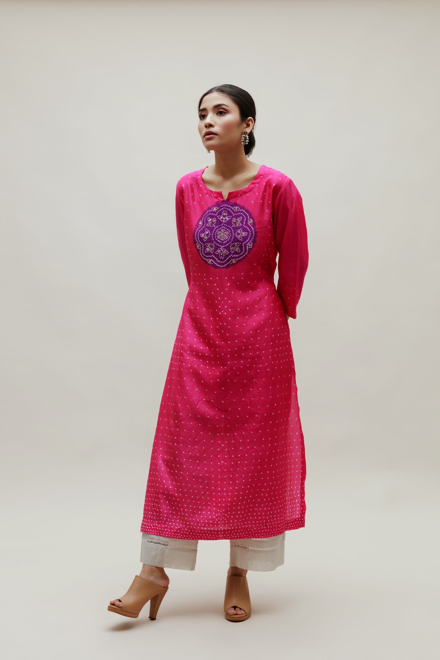 Bandhani Kurta on Pure Silk - Circle Yoke Purple Rani