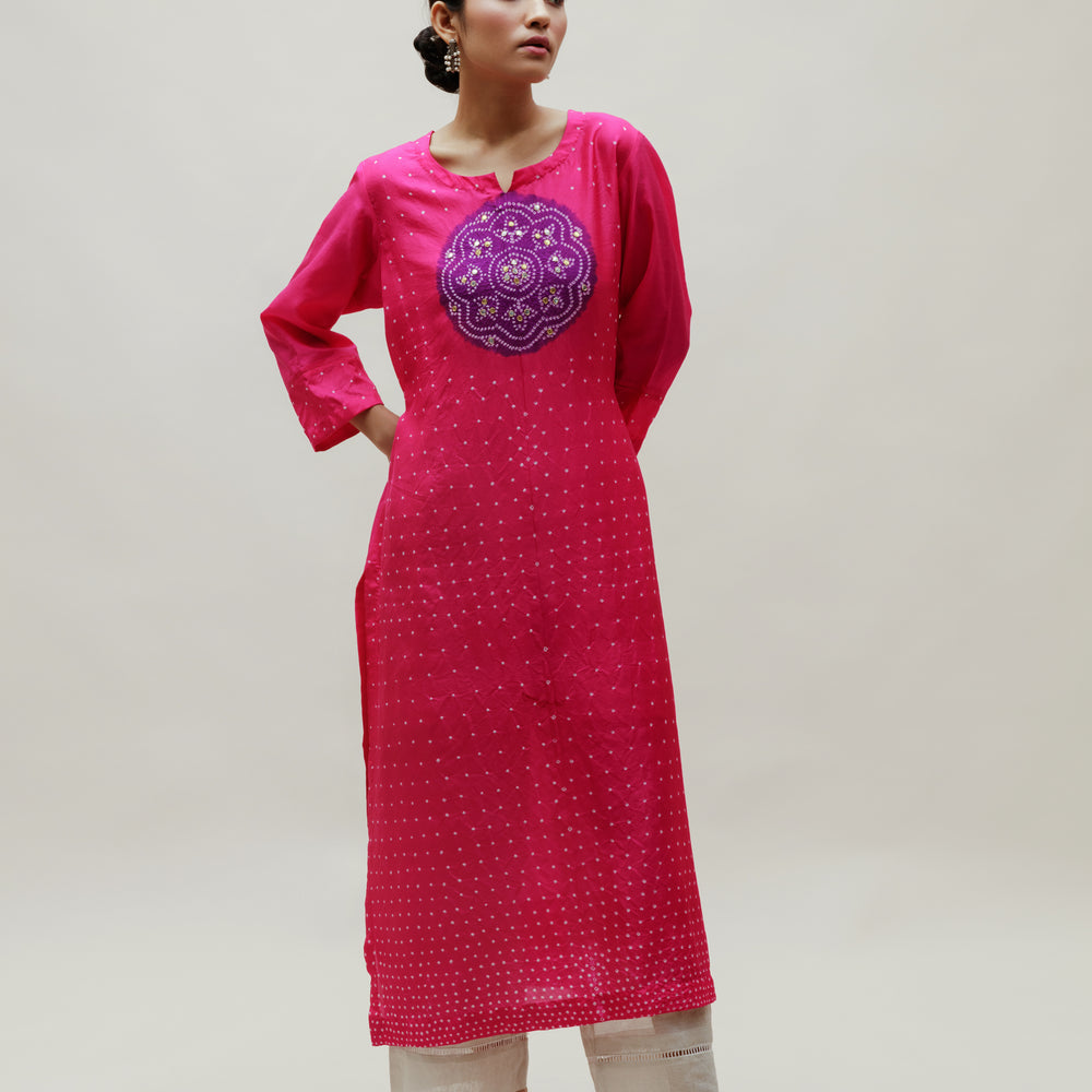 
                      
                        Bandhani Kurta on Pure Silk - Circle Yoke Purple Rani
                      
                    