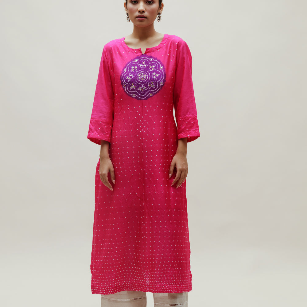 Bandhani Kurta on Pure Silk - Circle Yoke Purple Rani