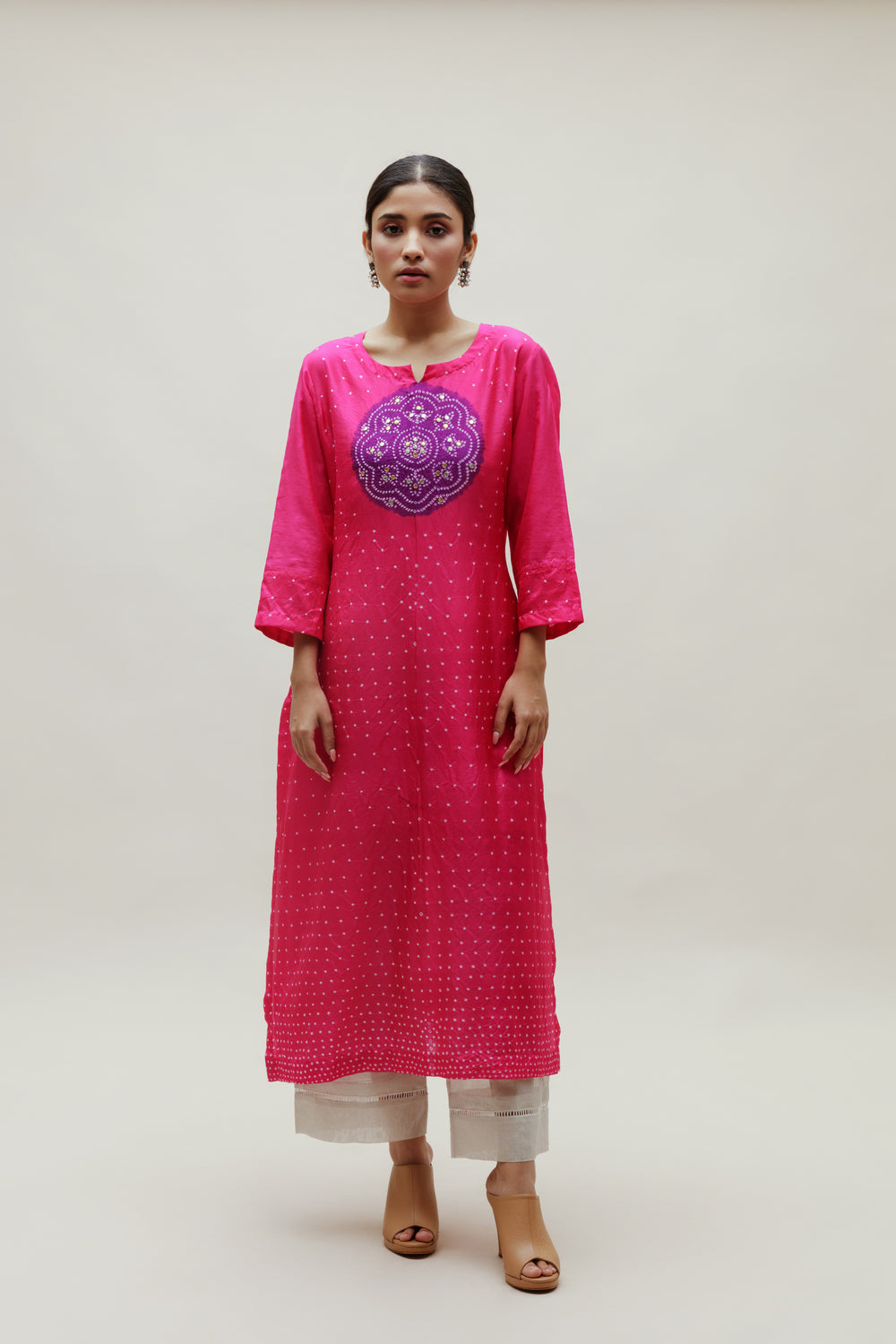 Bandhani Kurta on Pure Silk - Circle Yoke Purple Rani