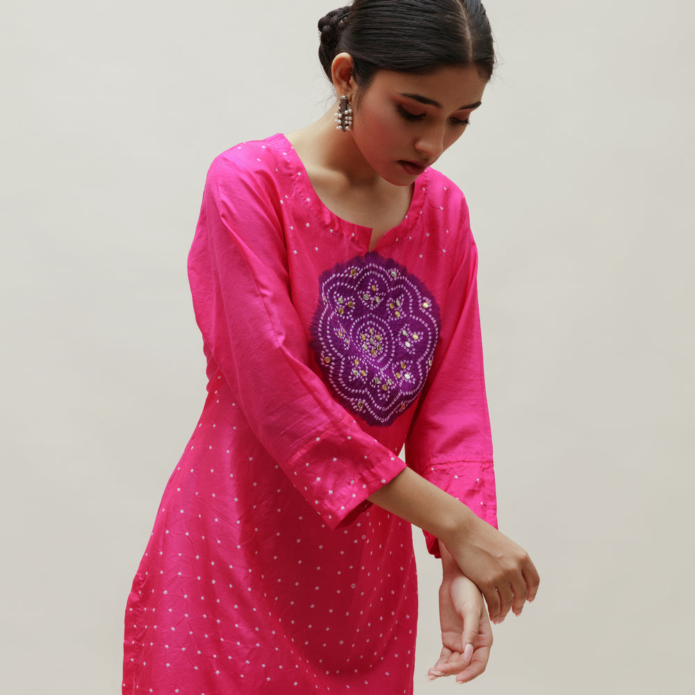 
                      
                        Bandhani Kurta on Pure Silk - Circle Yoke Purple Rani
                      
                    