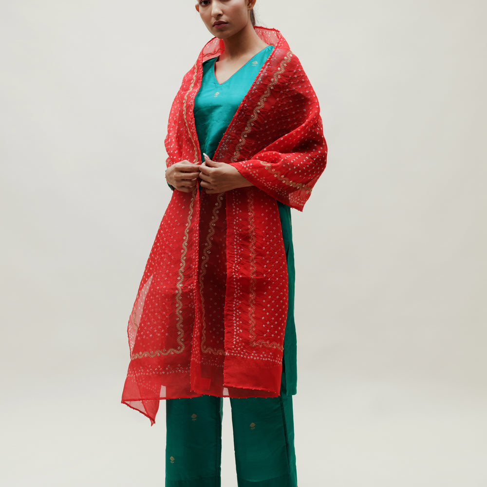 Banarasi Silk Co-ord Set with Bandhani Organza Stole - Red Green