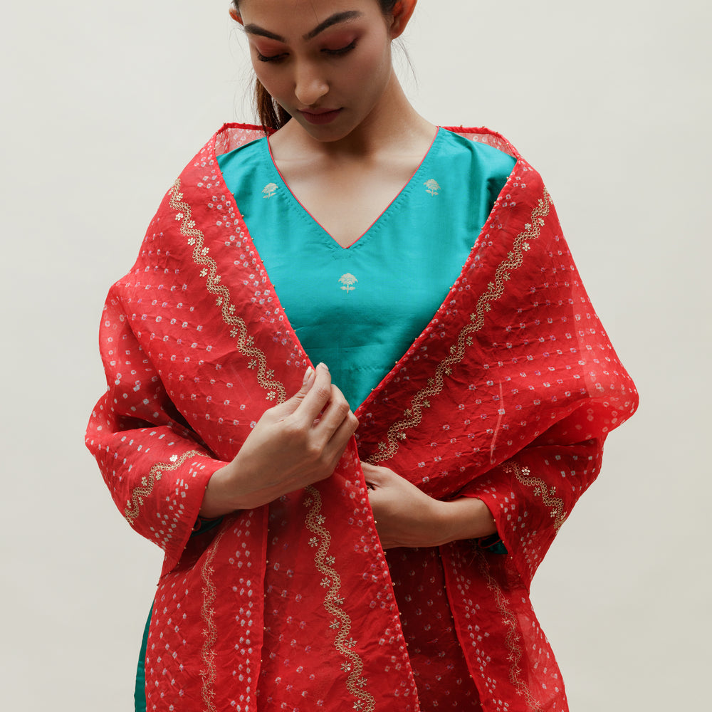 
                      
                        Banarasi Silk Co-ord Set with Bandhani Organza Stole - Red Green
                      
                    