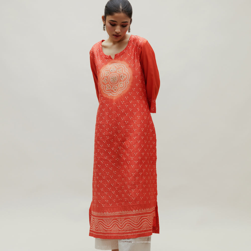 Bandhani Kurta on Pure Silk - Circle Yoke Orange