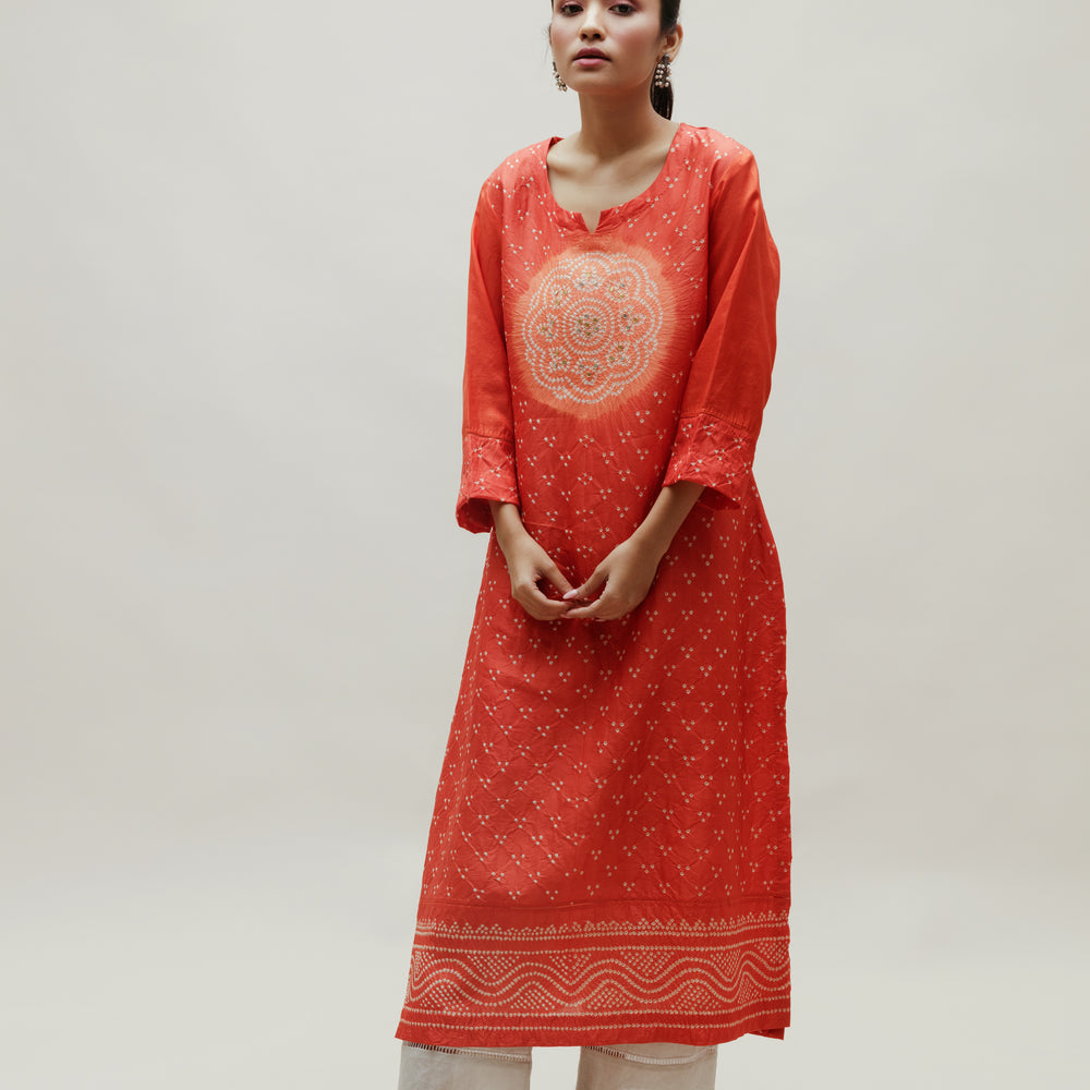 Bandhani Kurta on Pure Silk - Circle Yoke Orange