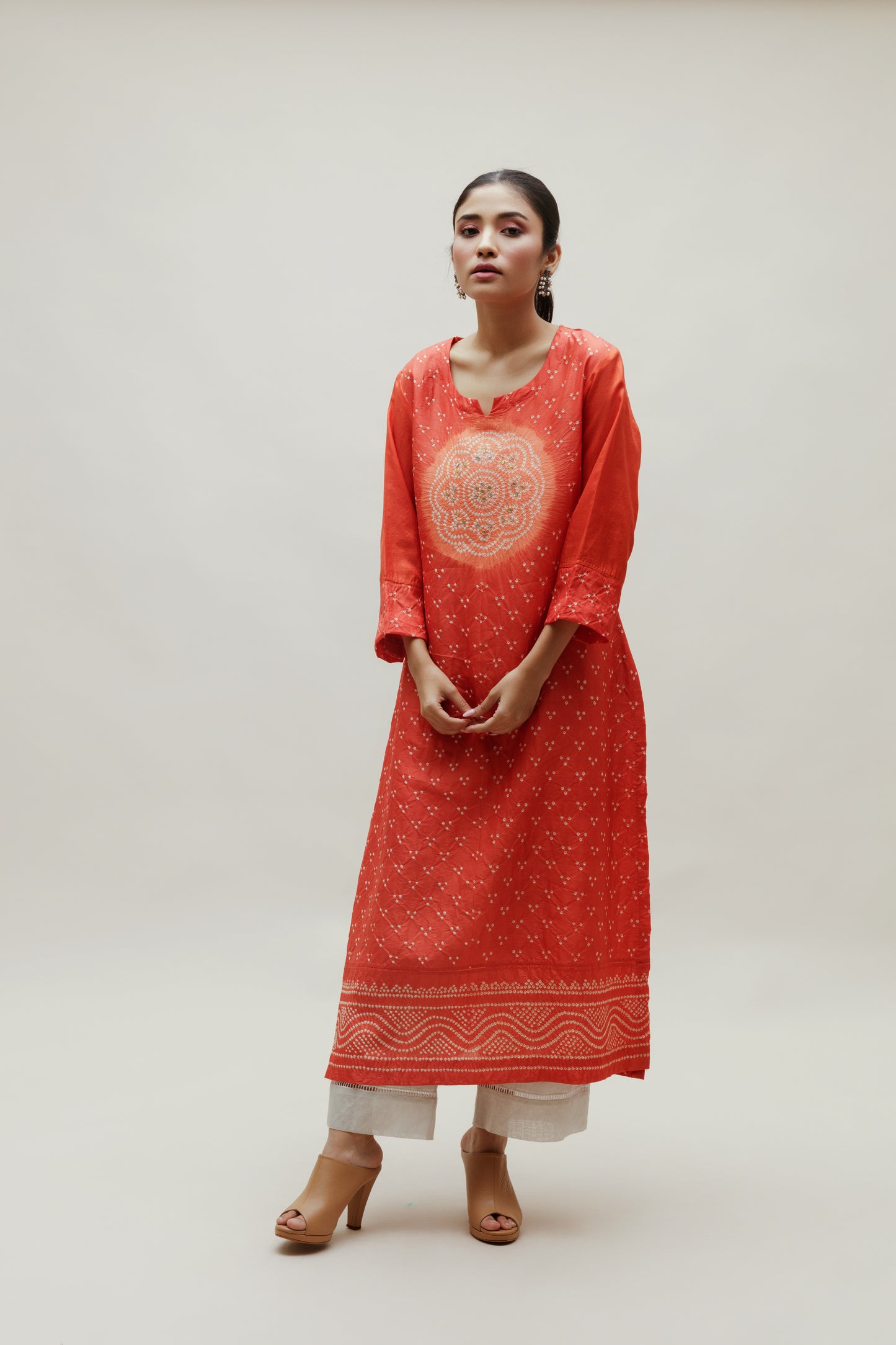 Bandhani Kurta on Pure Silk - Circle Yoke Orange