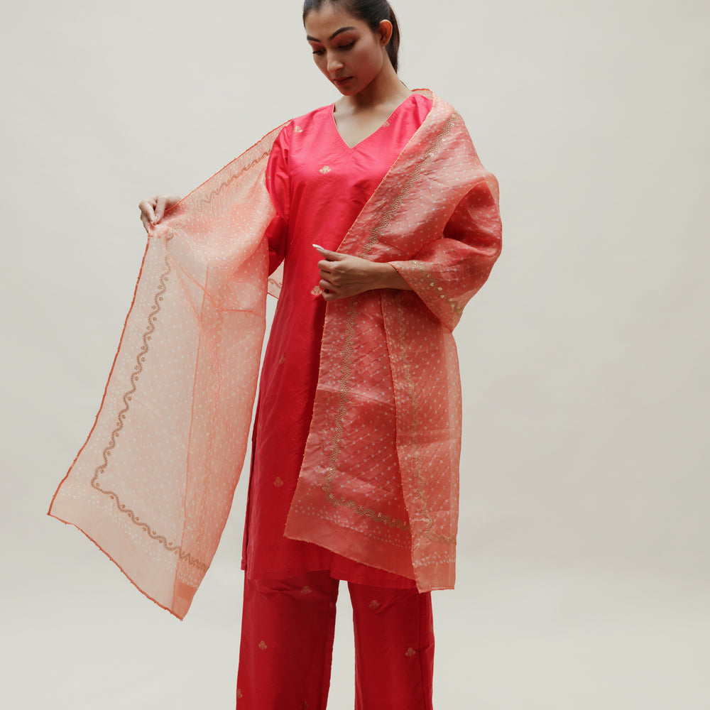 Banarasi Silk Co-ord Set with Bandhani Organza Stole - Tomato Red