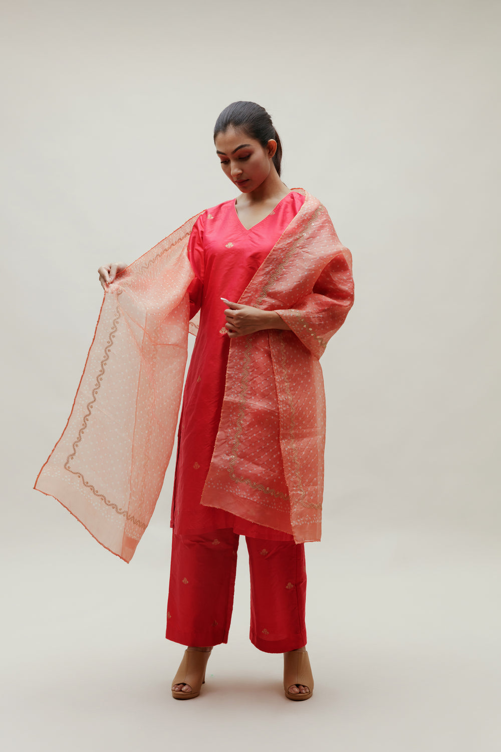 Banarasi Silk Co-ord Set with Bandhani Organza Stole - Tomato Red