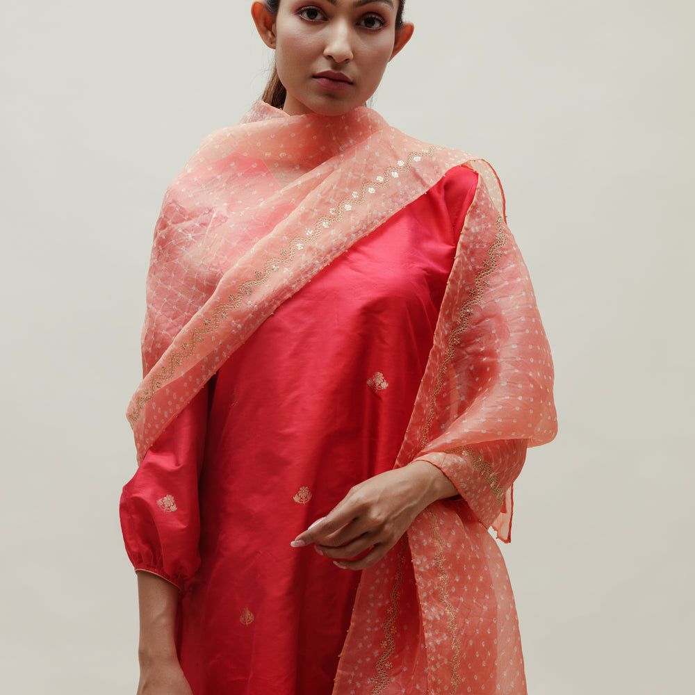 Banarasi Silk Co-ord Set with Bandhani Organza Stole - Tomato Red