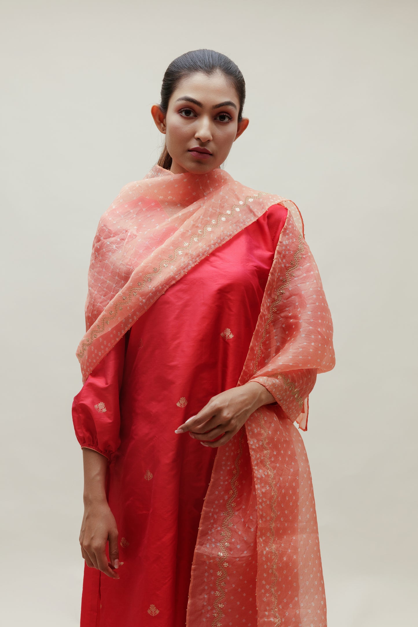 Banarasi Silk Co-ord Set with Bandhani Organza Stole - Tomato Red