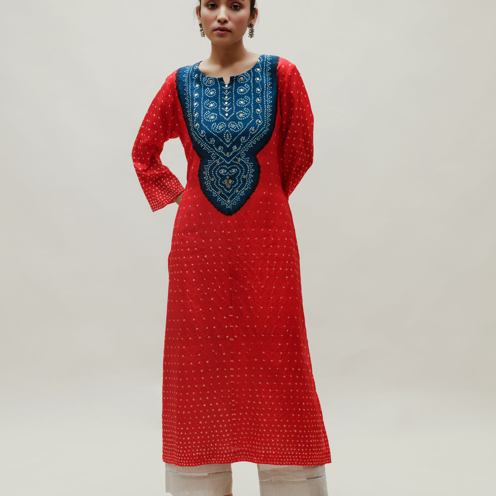 Bandhani Kurta on Pure Silk - Aba Yoke Blue Red