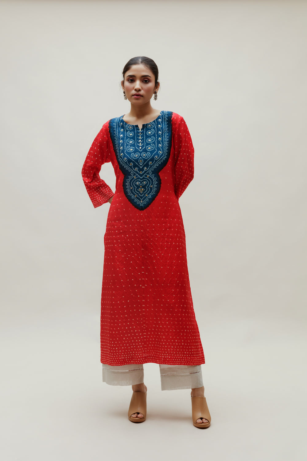 Bandhani Kurta on Pure Silk - Aba Yoke Blue Red