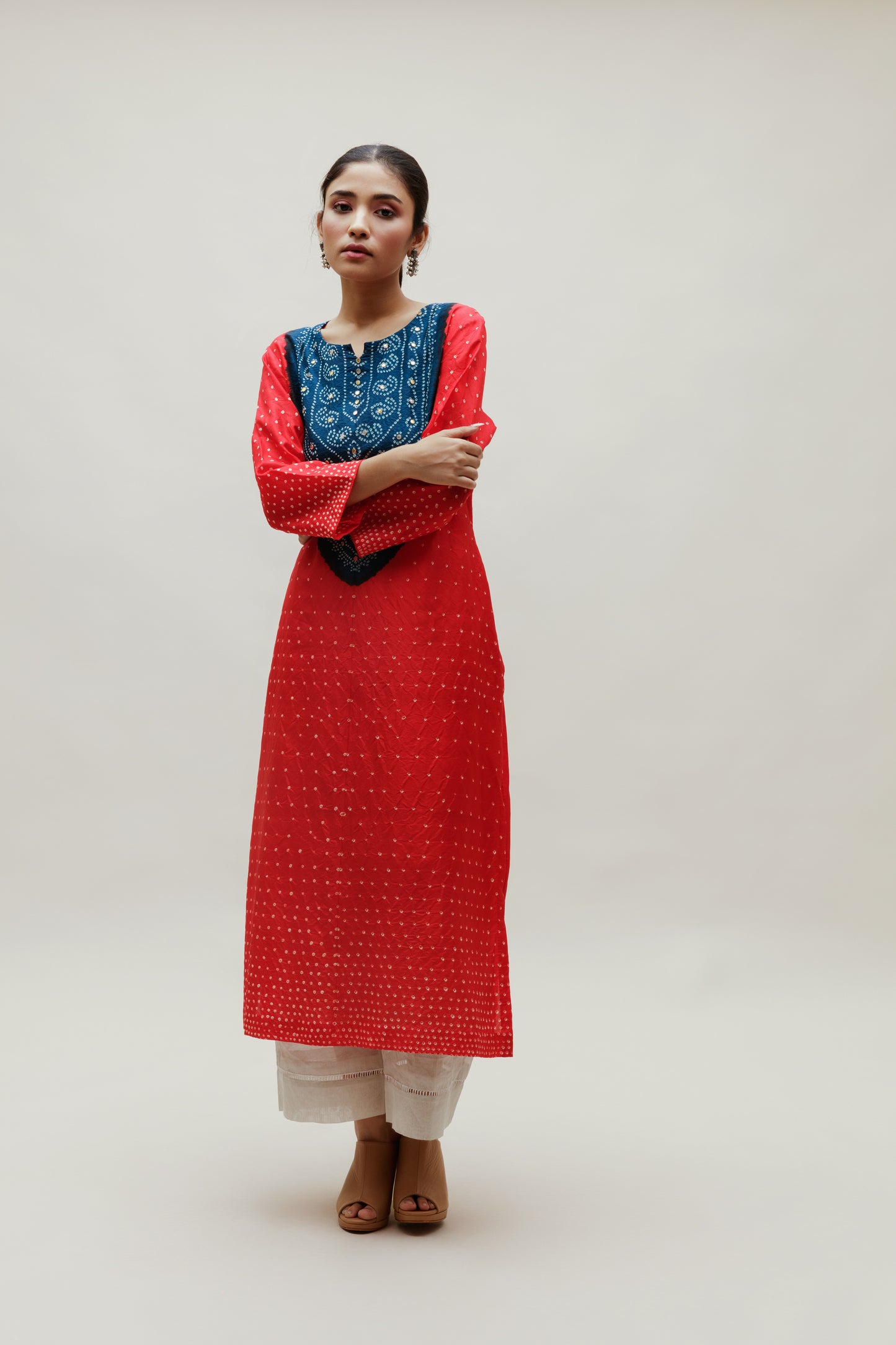 Bandhani Kurta on Pure Silk - Aba Yoke Blue Red