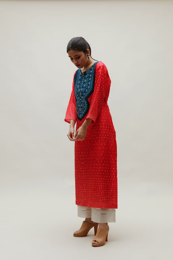 Bandhani Kurta on Pure Silk - Aba Yoke Blue Red