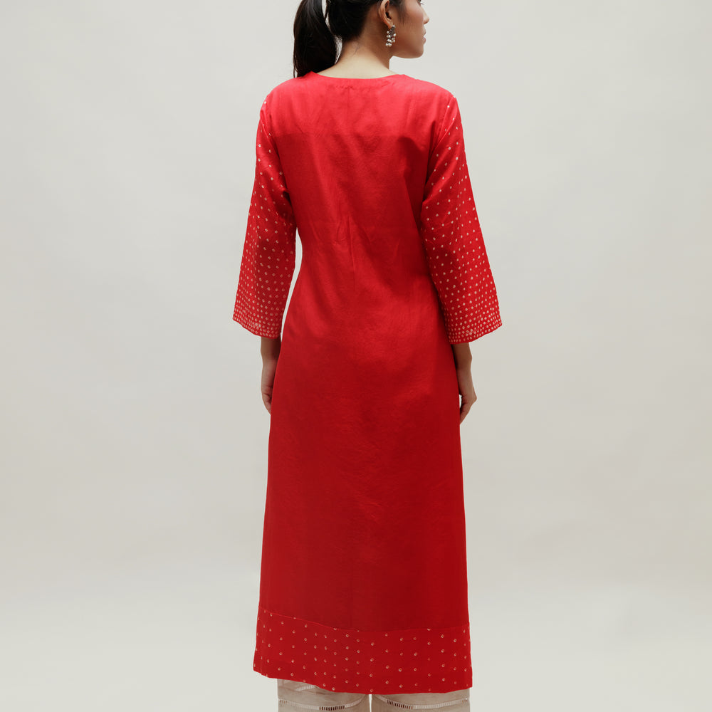 
                      
                        Bandhani Kurta on Pure Silk - Aba Yoke Blue Red
                      
                    