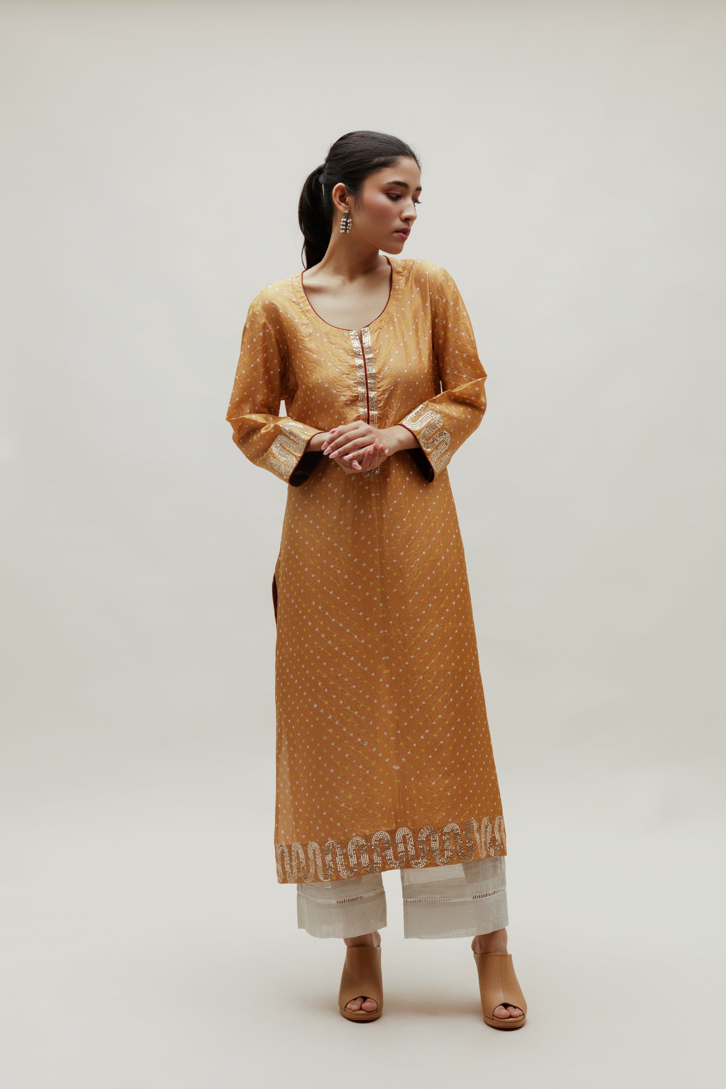 Beige Bandhani on Silk Kurta with Mirror Work