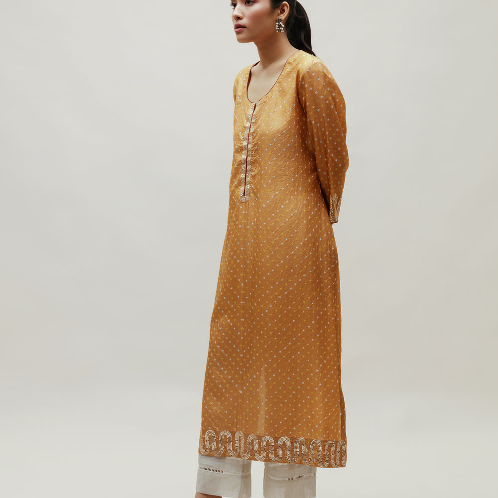 
                      
                        Beige Bandhani on Silk Kurta with Mirror Work
                      
                    