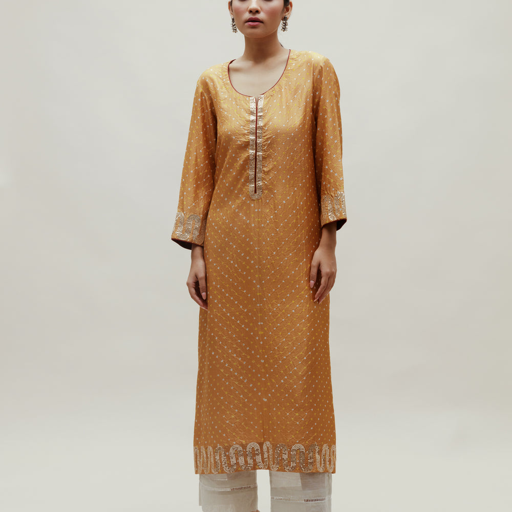 Beige Bandhani on Silk Kurta with Mirror Work