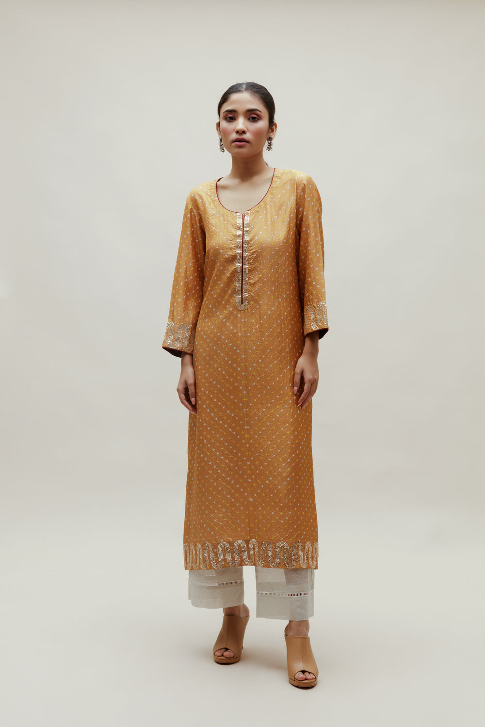 Beige Bandhani on Silk Kurta with Mirror Work