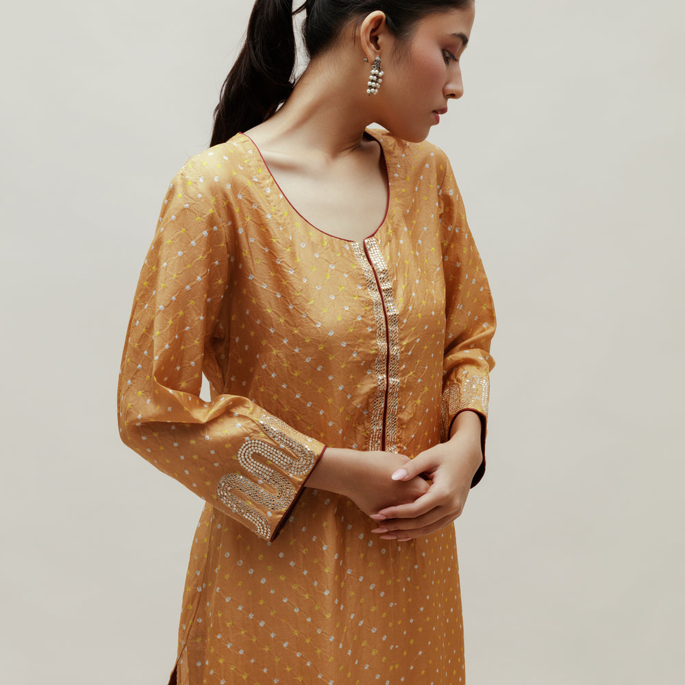 
                      
                        Beige Bandhani on Silk Kurta with Mirror Work
                      
                    